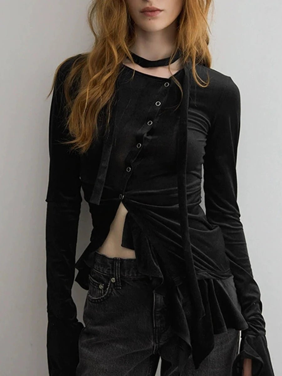 Velvet asymmetrical buttoned ruffle hem top in black