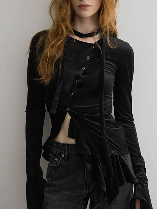 Velvet asymmetrical buttoned ruffle hem top in black