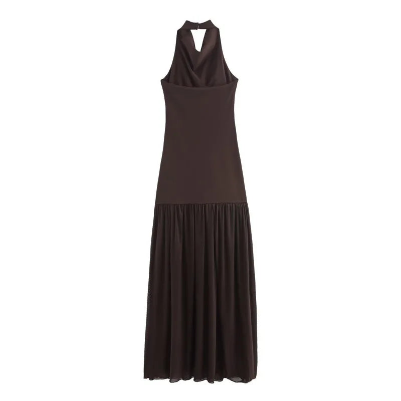 Brown halter neck dress on a white background
