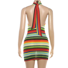 Striped Knit Halter Backless Mini Dress