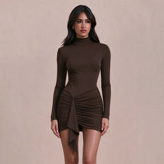 Long Sleeve Turtleneck Ruched Detail Mini Dress