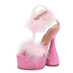 Pink Faux Feather Platform Chunky Heel Sandals