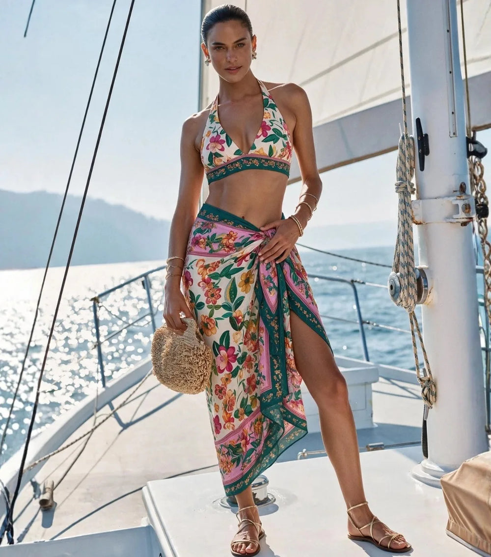 Woman wearing a floral print halter bikini and wrap skirt on a yacht.