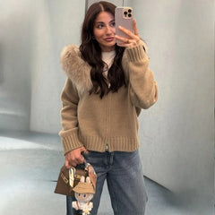 Hooded Faux Fur Trim Knit Jacket