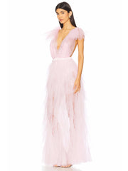 Pink V-Neck Ruffle Tulle High Slit Dress