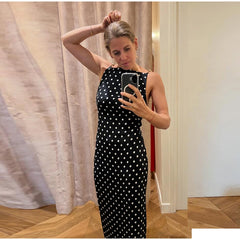 Polka Dot Beaded Strap Open Back Maxi Dress
