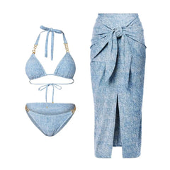 Strapless Belted Swimsuit and High-Waisted Tie-Front Skirt Set
