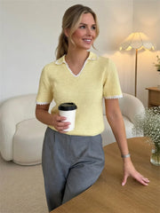 Crocheted V-neck contrast trim short sleeve cropped top with coffee cup
