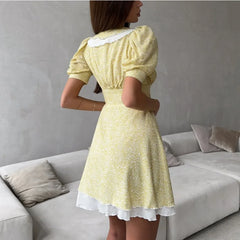 Yellow Floral Ruffle V-Neck Puff Sleeve Mini Dress