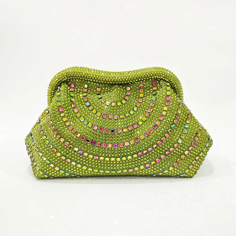 Lime green crystal-embellished clutch bag with curved pattern and chain strap