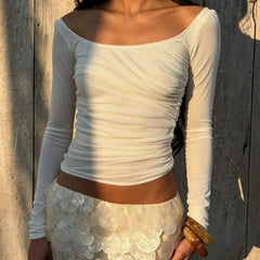 Ruched off-shoulder long sleeve top with scalloped hem detail