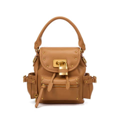 Brown PU leather backpack with gold lock detail and exterior pockets.