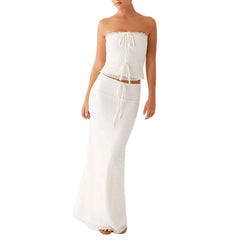 White strapless top and long skirt set on a white background