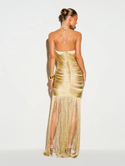 Gold Halter Neck Fringe Embellished Gown Dress