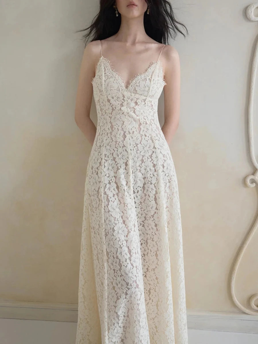 White lace maxi dress with spaghetti straps