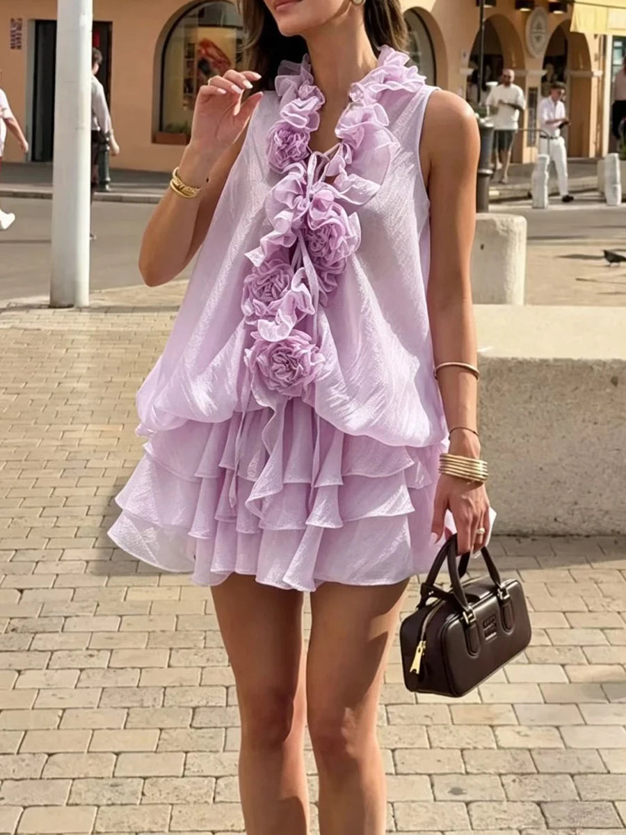 Purple ruffled floral embellished mini dress with handbag