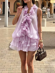 Purple ruffled floral embellished mini dress with handbag