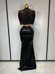 Sparkly Diamond Mock Neck Shawl Crop Top and Maxi Skirt Set