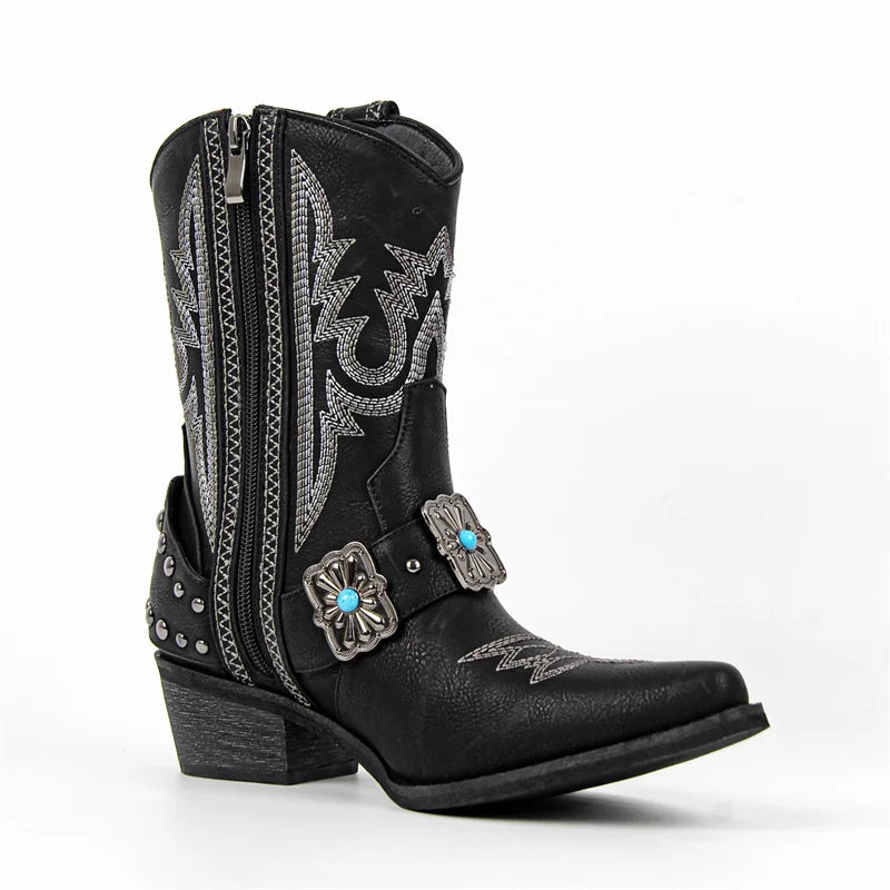 Black western ankle boots with pointed toe and metal buckle accent
