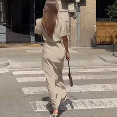 Lace V-Neck Puff Sleeve Maxi Dress