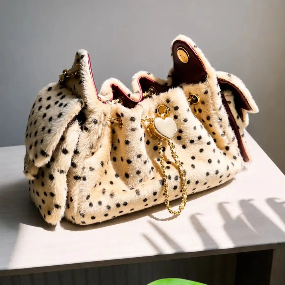 Leopard print faux fur bucket bag on a white surface with natural light
