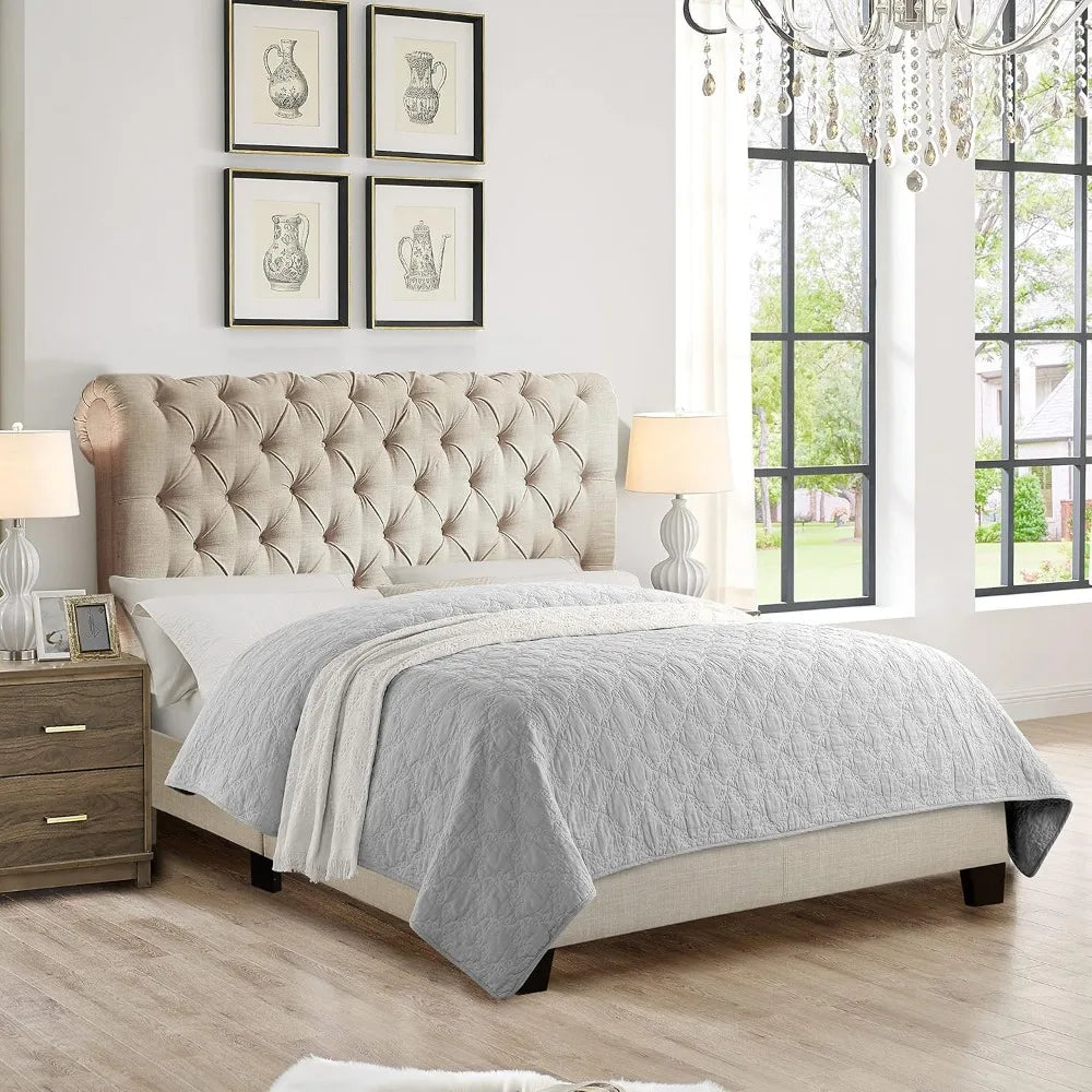King Beige Upholstered Bed Frame.