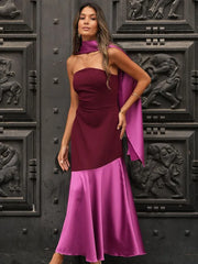 Satin Patchwork With Scarf Off Shoulder Long Dress