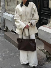 Drawstring Waist Lapel Collar Utility Jacket