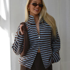 Striped High Neck Zip Sweater