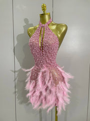 Pink beaded feather halter dress