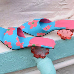 Floral Print Clear Acrylic Flower Heel Mules