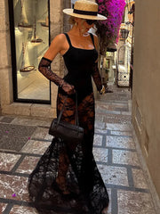 Sheer lace overlay maxi dress with gloves