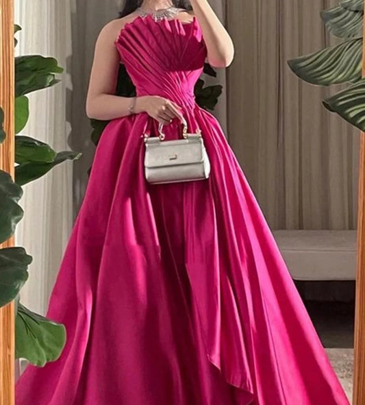Rose Pink Silk Strapless A-line Sleeveless Prom Dress