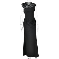 Mesh Cap Sleeve Ruched Bodycon Maxi Dress