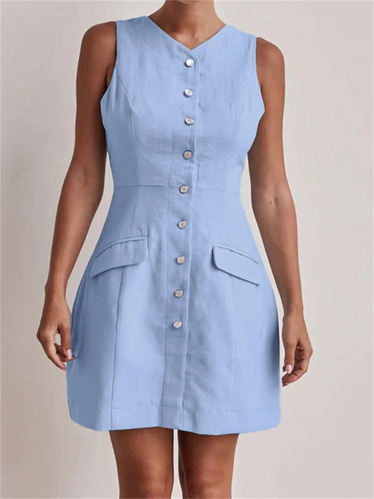 Light blue dress with button details on a neutral background