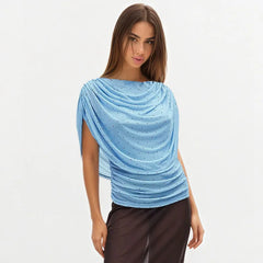 Blue polka dot mesh ruched top