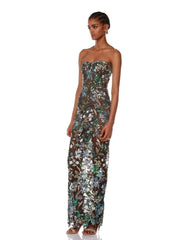 Strapless floral sequin mesh column gown side view detail