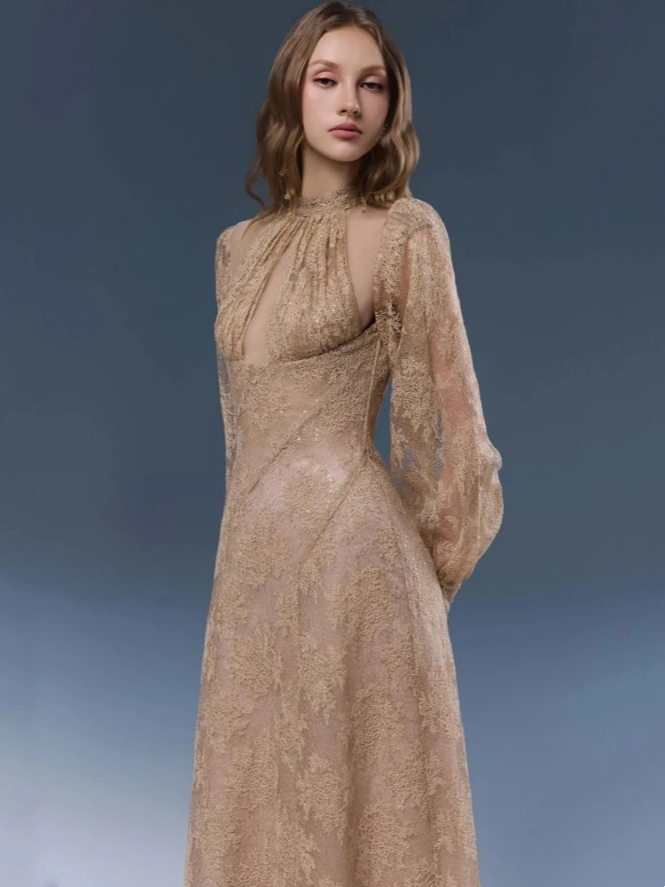 Lace mock neck lantern sleeve dress front detail