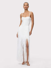White spaghetti strap fringe maxi dress