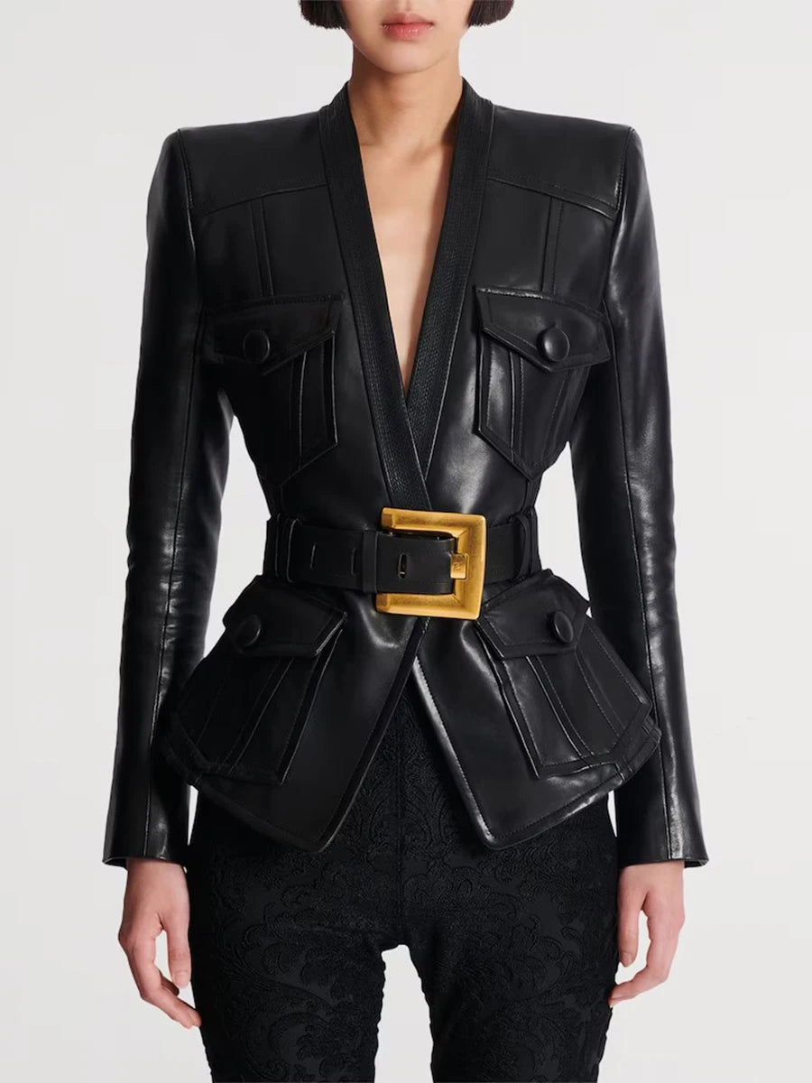 Black leather jacket with a gold belt buckle 