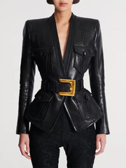 Black leather jacket with a gold belt buckle 