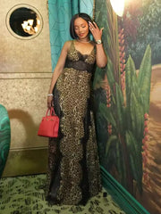 Leopard Print Lace Patchwork V-Neck Maxi Dress