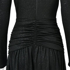 Long Sleeve Deep Neck Ruched Shimmering Slit Maxi Dress