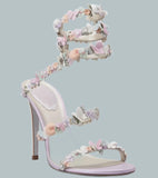 Butterfly Flower Crystal Ankle Wrap Stiletto Heels Shoes