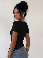 Asymmetric Neckline Button Detail Top