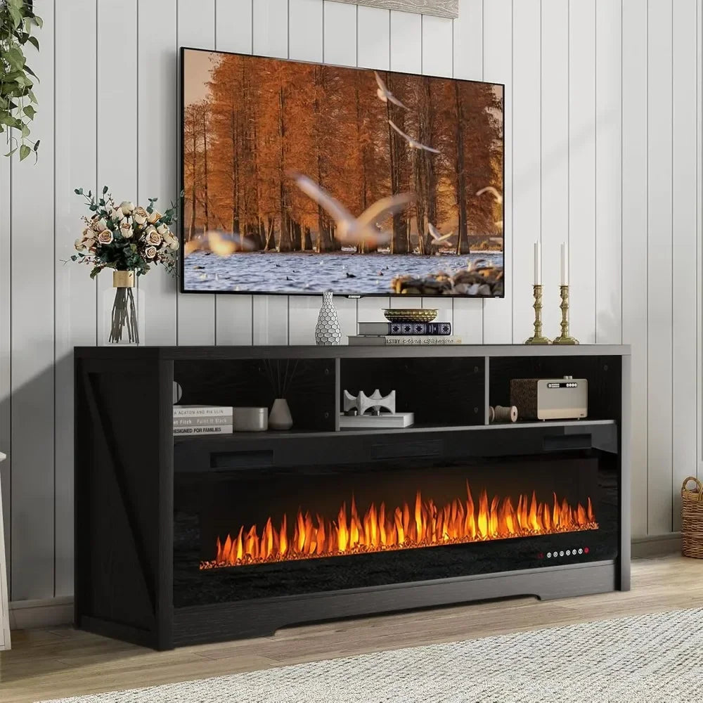  Fireplace TV stand for TVs up to 75 inches with 60-inch electric fireplace and open shelf storage, U.S. Origin.