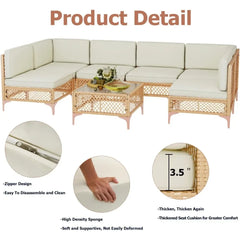 Wicker outdoor furniture set with cushions, including a coffee table, and product details on a white background.