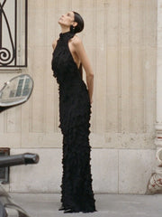 Halter Neck 3D Square Fringe Patchwork Maxi Dress