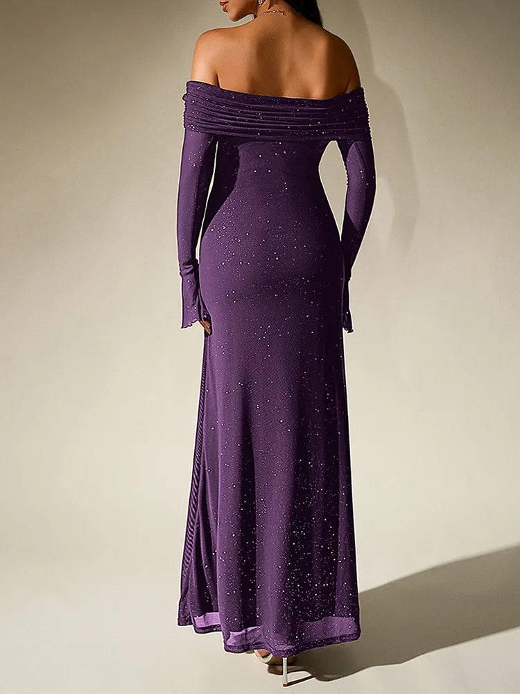 Purple off-shoulder evening gown with long sleeves on a plain background