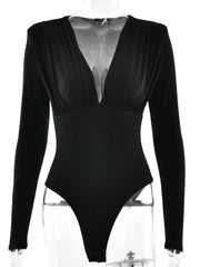 Black bodysuit with long sleeves on a white background